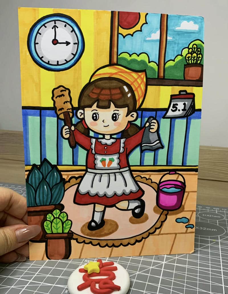 Tranh vẽ bé đang dọn nhà