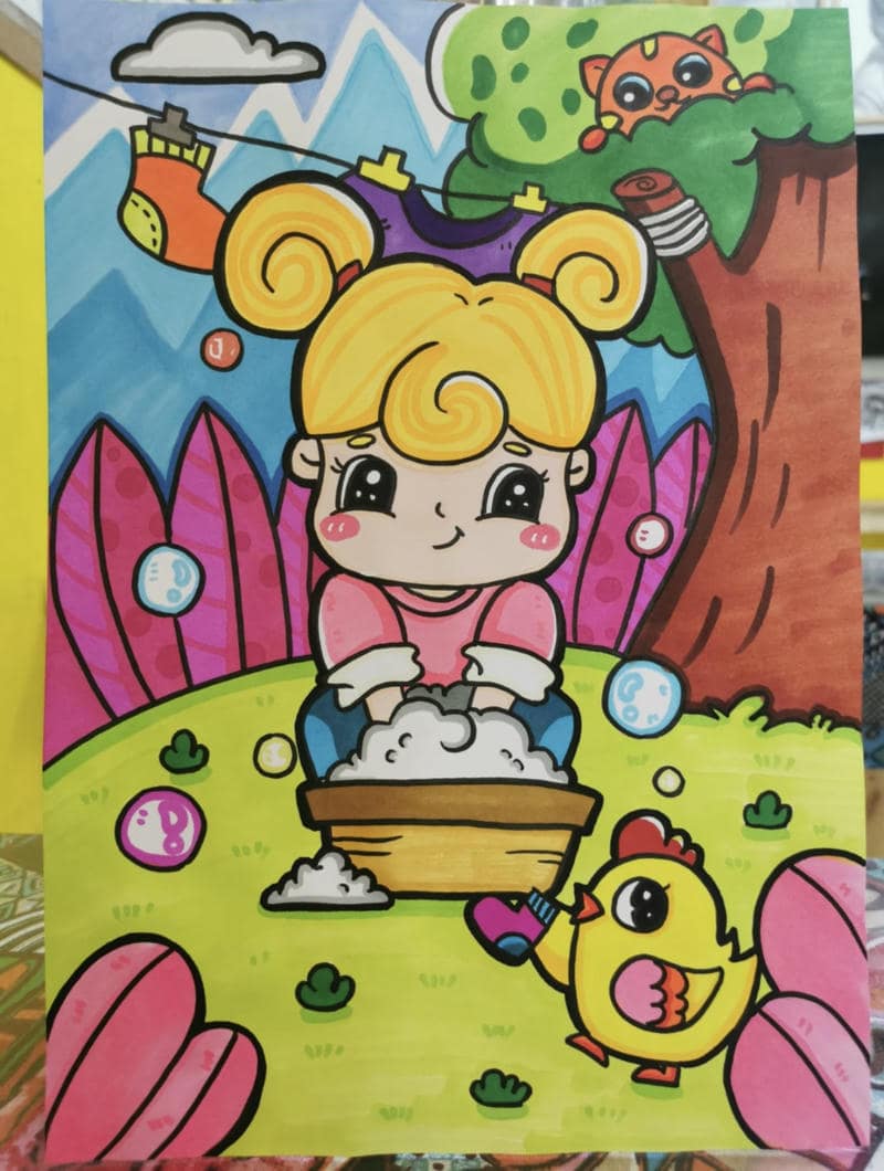 Tranh vẽ bé giặt đồ cho mẹ