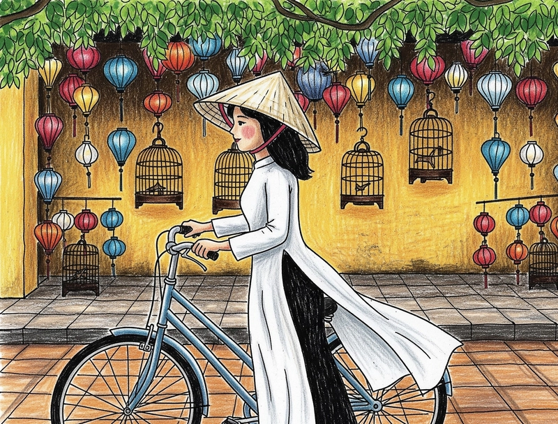 Tranh vẽ cô gái Hội An