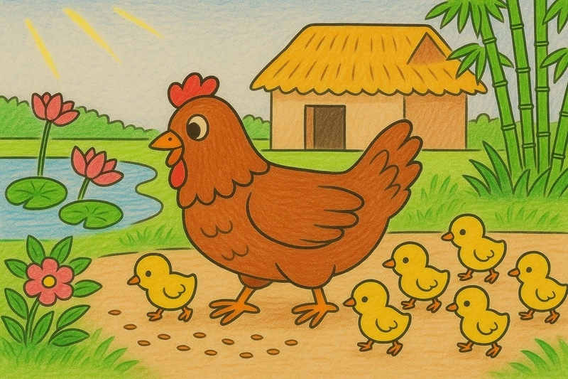 Tranh vẽ con gà đàn gà đồng quê