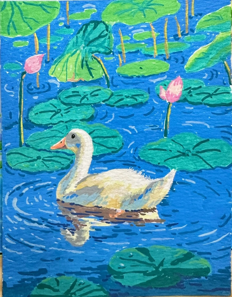 Tranh vẽ con vịt trắng bơi trong hồ sen xanh mát