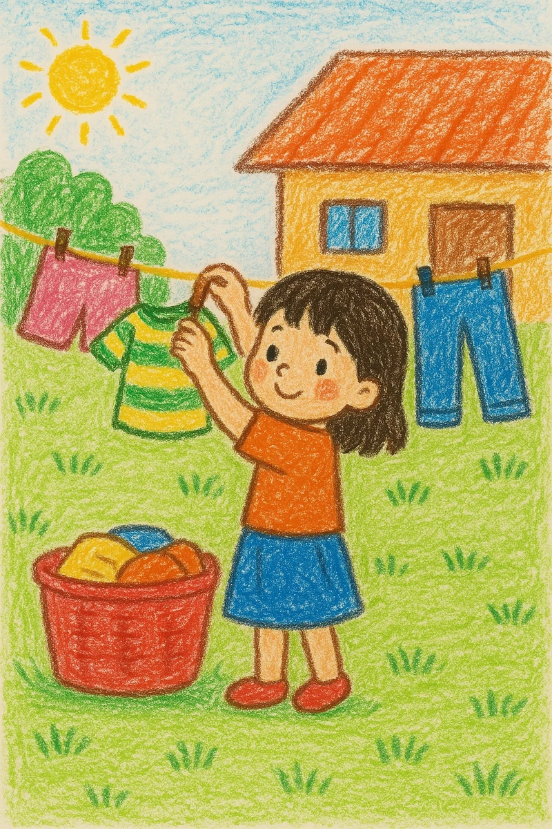Tranh vẽ em phơi quần áo ở sân