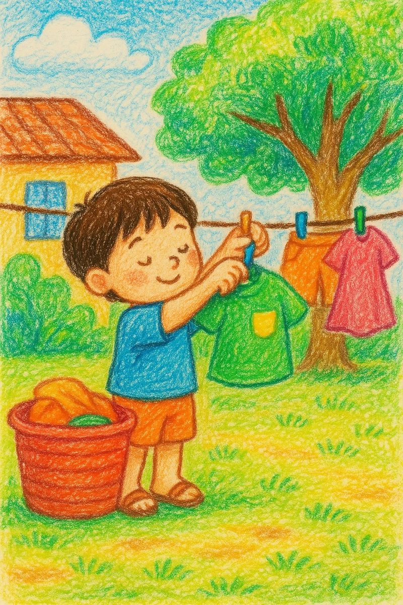 Tranh vẽ em phơi quần áo