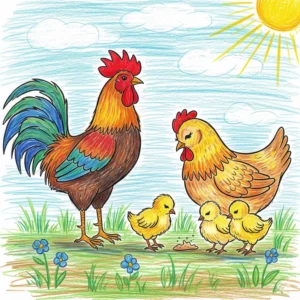 Tranh vẽ gia đình gà bằng màu sáp