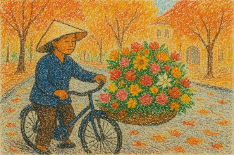 Tranh vẽ mẹ đi xe đạp