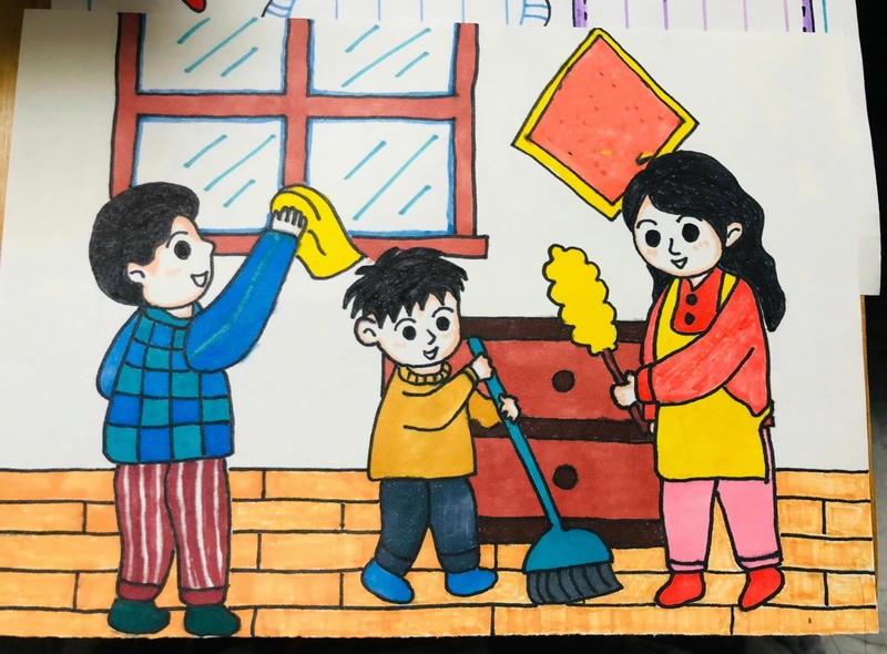 Tranh vẽ nhà bé dọn nhà dịp tết