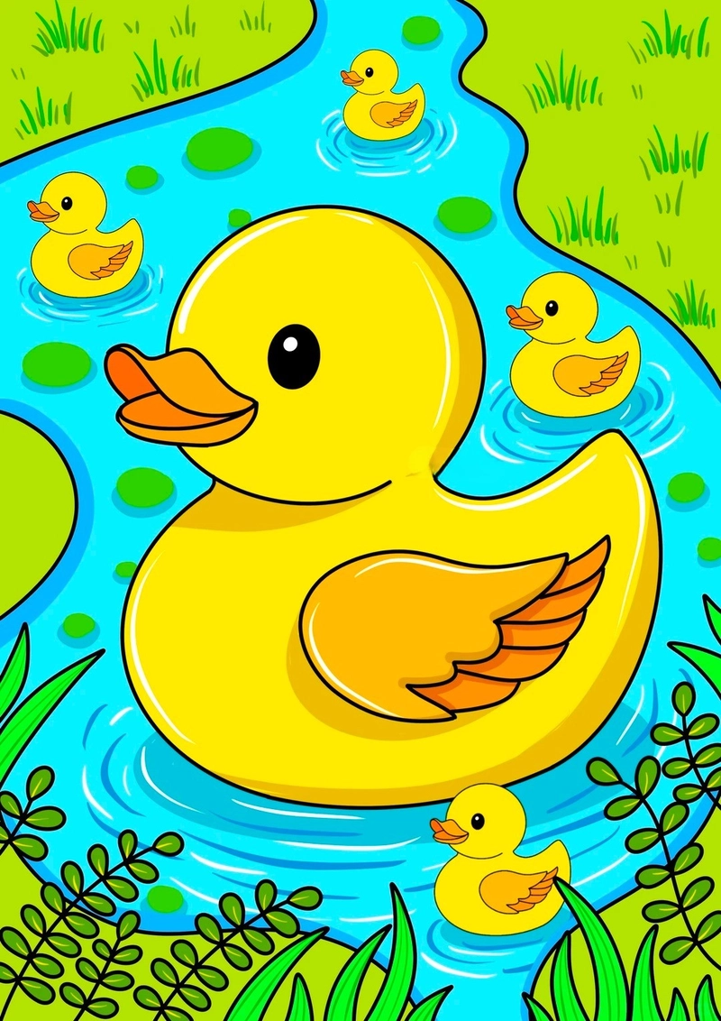 Tranh vịt con cùng mẹ bơi lội màu sắc rực rỡ