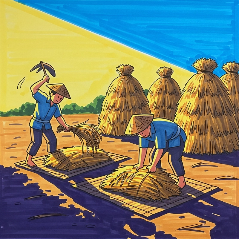 Vẽ mùa gặt đồng quê yên bình