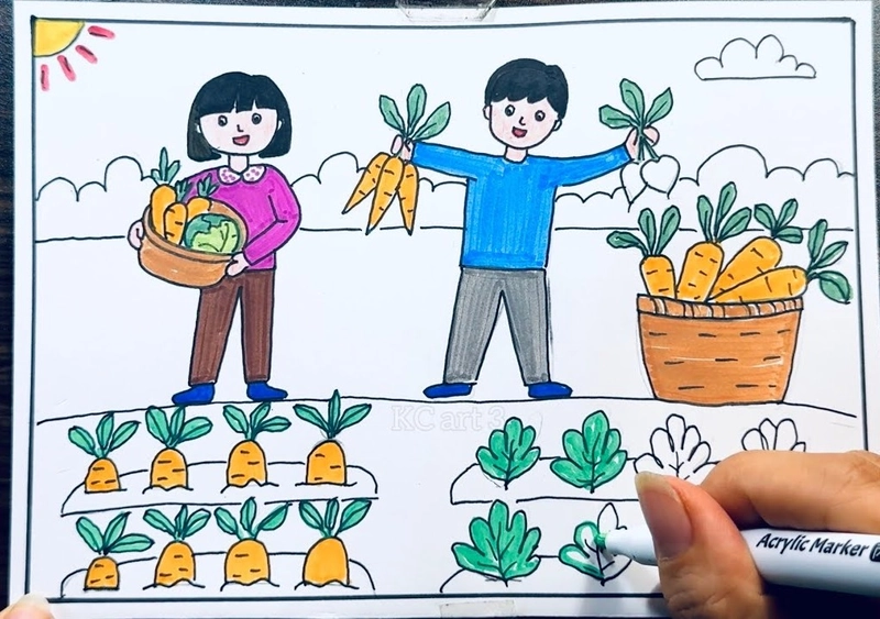 Vẽ mùa gặt lúa vàng