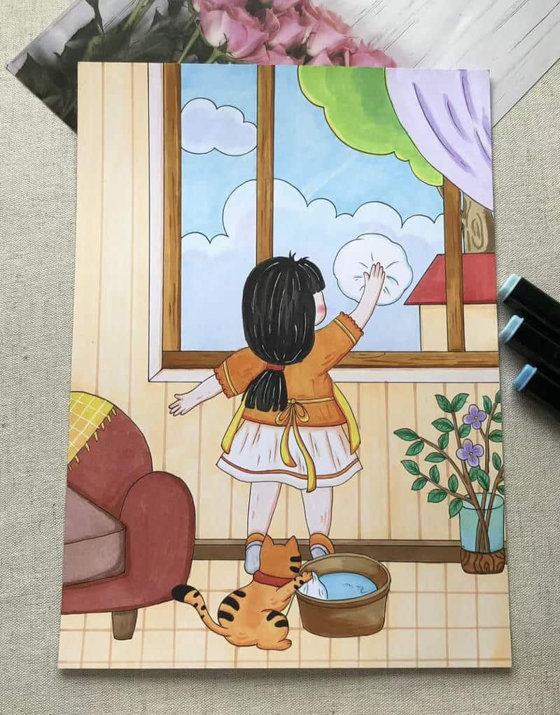 Vẽ tranh bạn nhỏ đang lau cửa kính