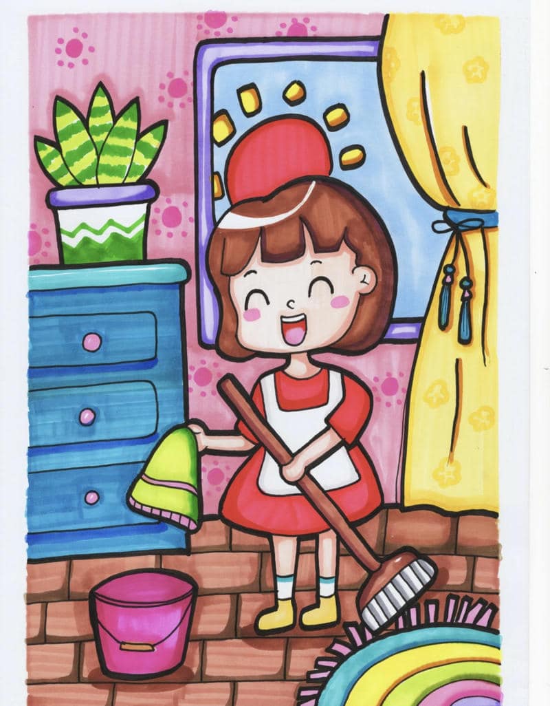 Vẽ tranh bé đang quét nhà