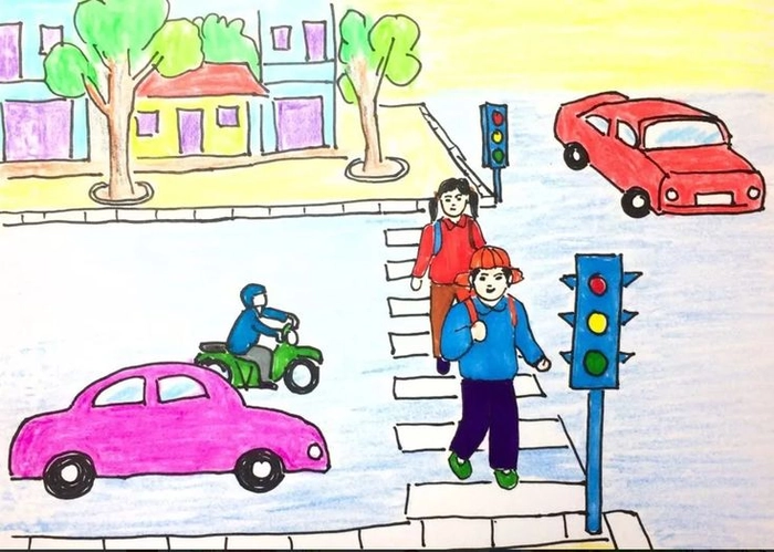 Vẽ tranh đường em đến trường sinh động