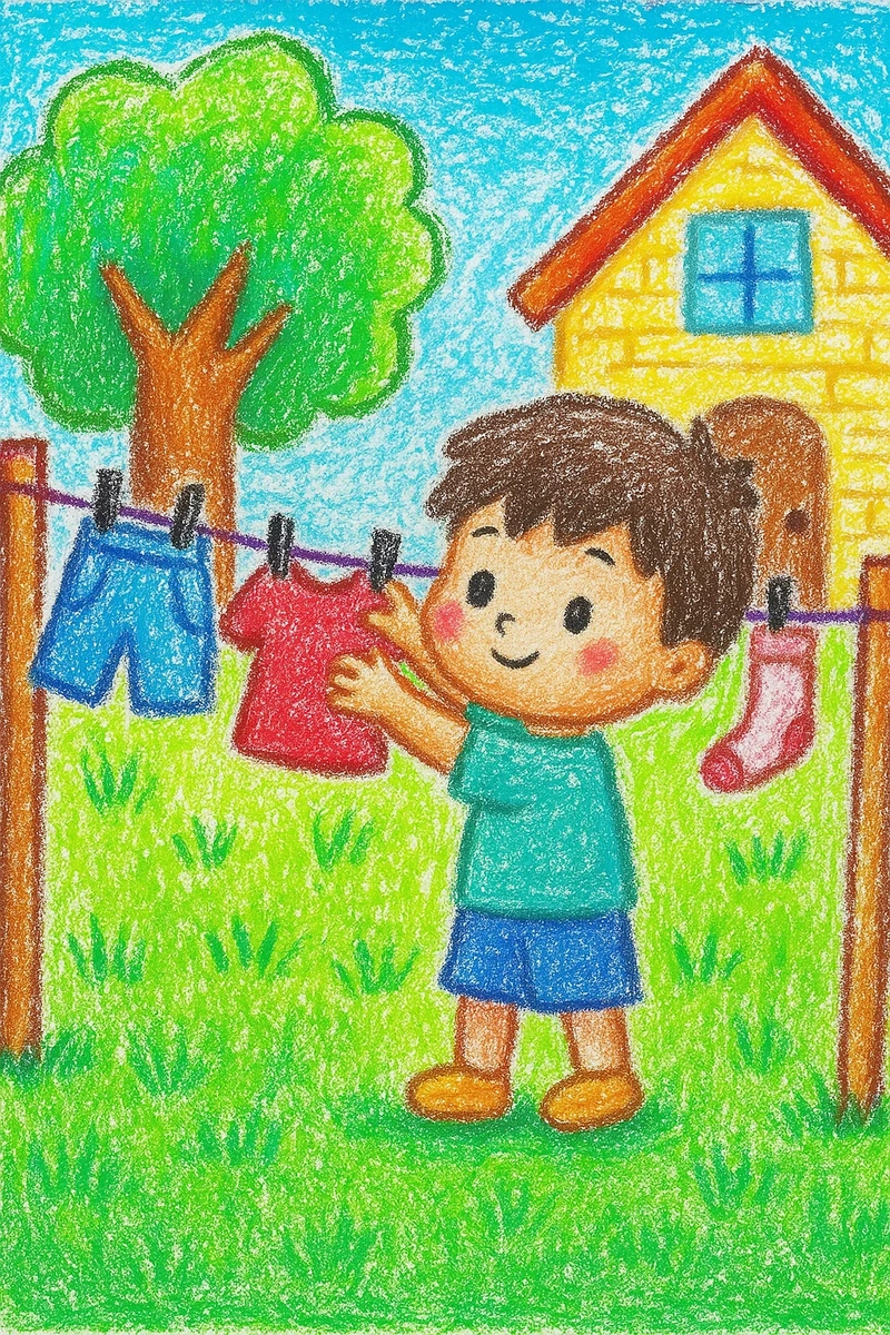 Vẽ tranh em phơi quần áo đơn giản