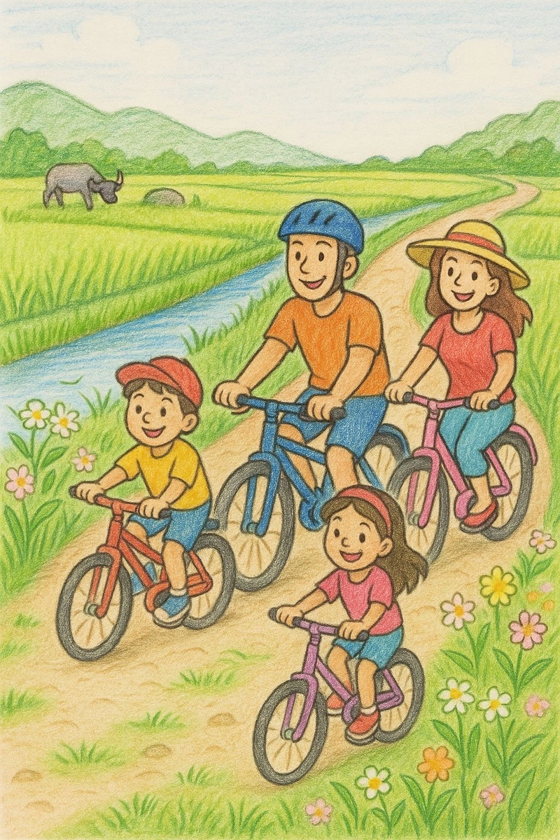 Vẽ tranh gia đình em đi xe đạp