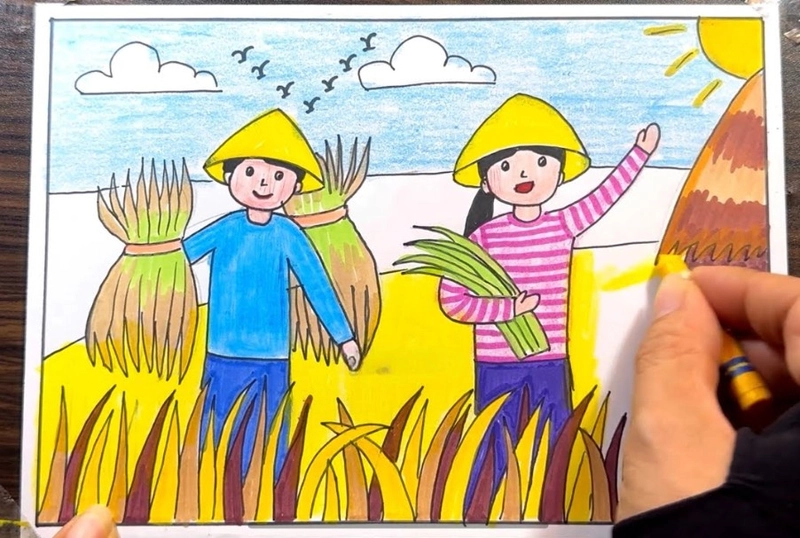 Vẽ tranh lớp 5 mùa thu hoạch