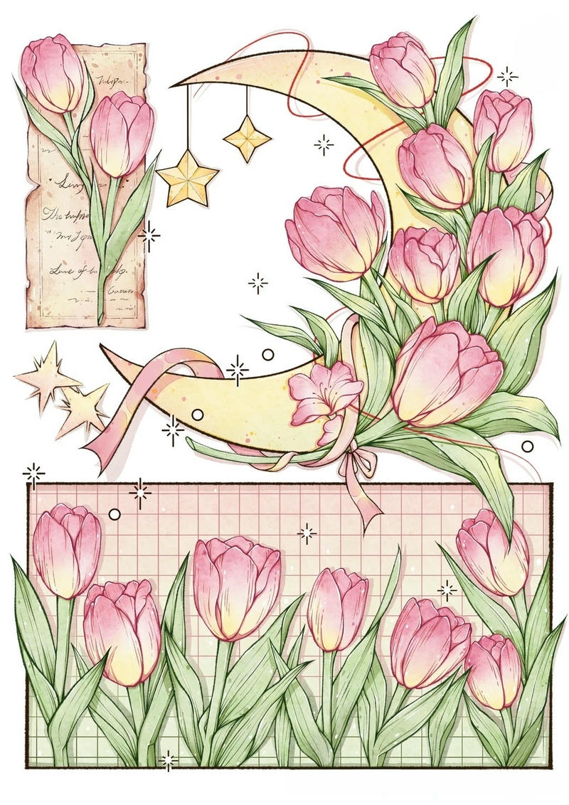 Vẽ tranh tĩnh vật hoa tulip nhiều màu trong giỏ tre