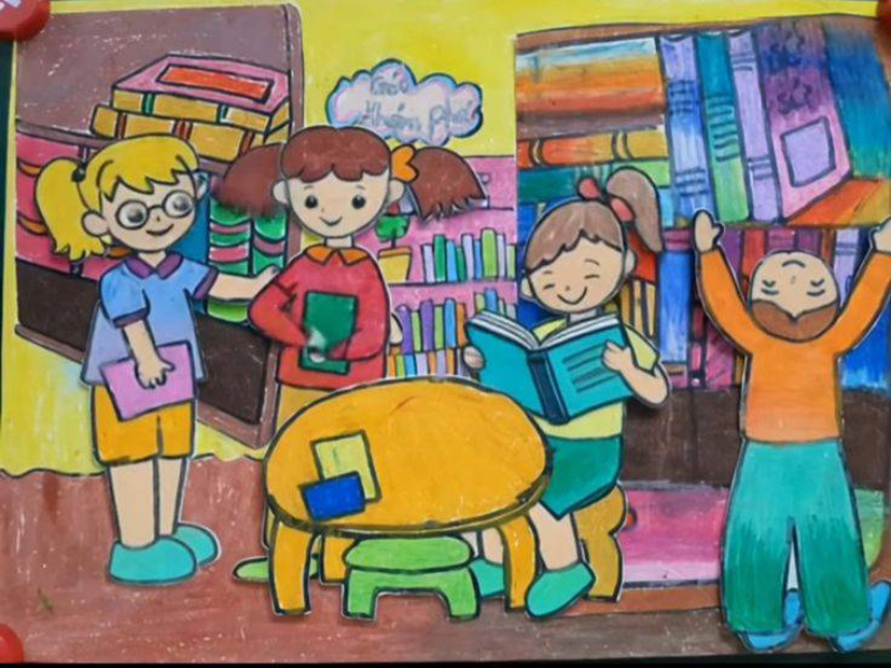 bài thi mỹ thuật vẽ tranh thư viện trường em sáng tạo
