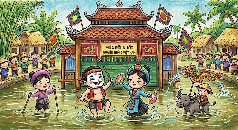 bức tranh múa rối nước đậm bản sắc Việt