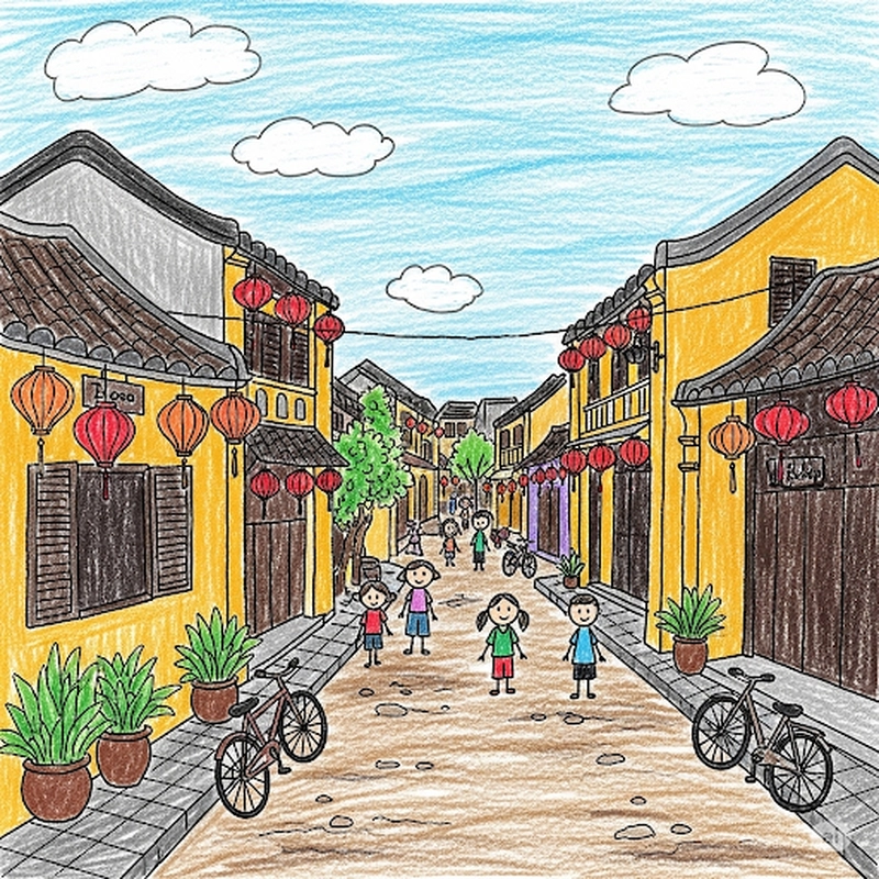 phố cổ hội an tranh vẽ cho bé