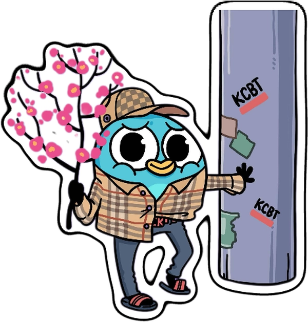 sticker én comic cầm hoa đào