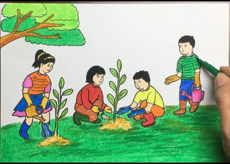 tranh bé vẽ trồng cây xanh