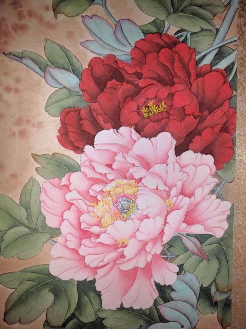 tranh hoa mẫu đơn đỏ rực rỡ