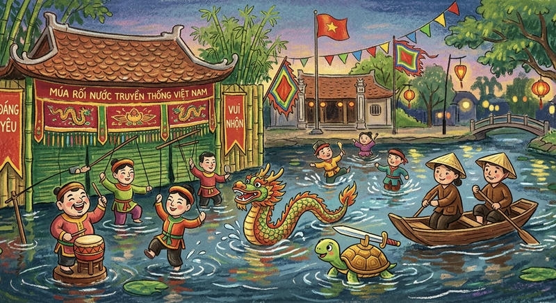 tranh lễ hội múa rối nước đầy màu sắc