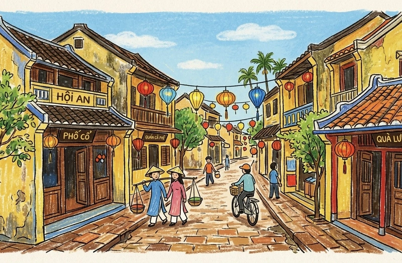 tranh phong cảnh phố cổ Hội An ánh nắng trời xanh