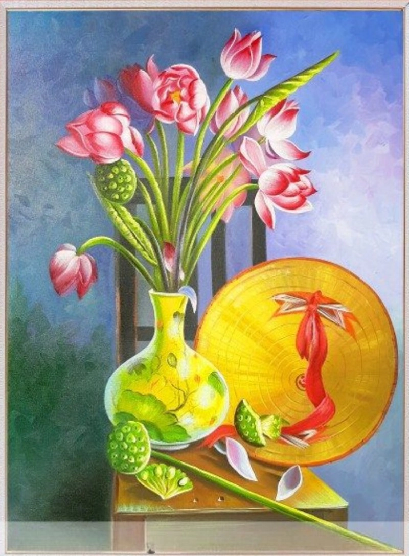 tranh tĩnh vật bình hoa sen trang trí