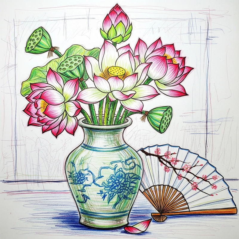 tranh tĩnh vật hoa sen bình sứ