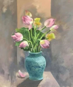 tranh tĩnh vật hoa sen đầy màu sắc