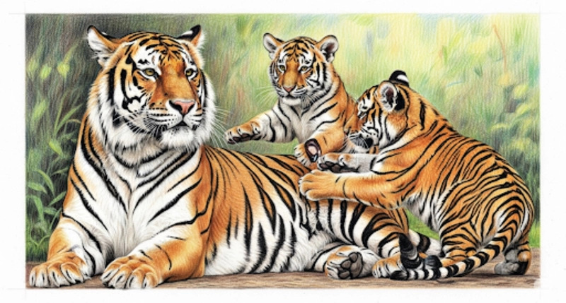 tranh vẽ 3 mẹ con hổ bằng màu chì