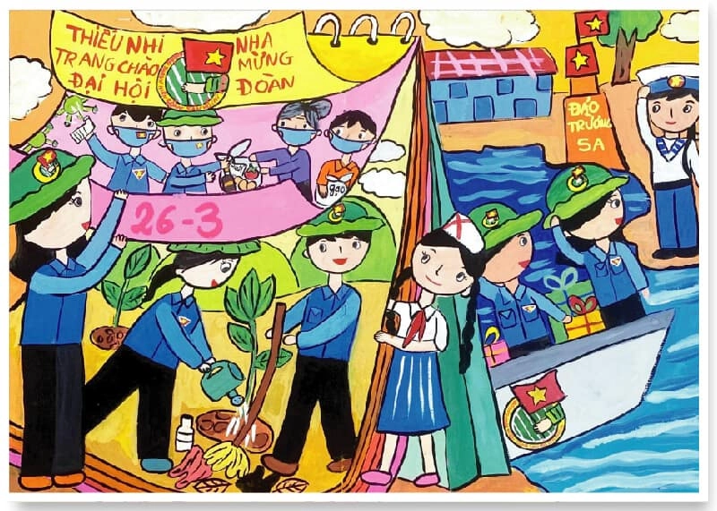 tranh vẽ Đoàn Thanh Niên trồng cây