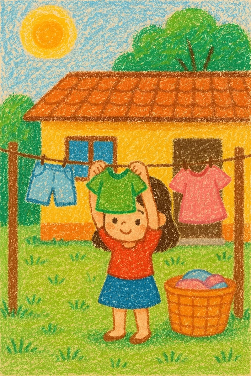 tranh vẽ bé phơi quần áo