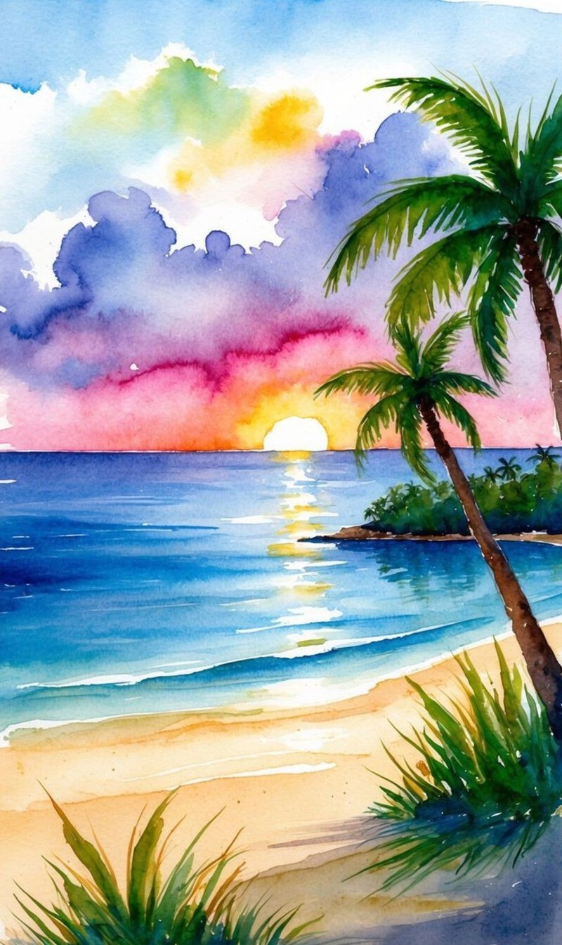 tranh vẽ biển bằng màu nước mềm mại