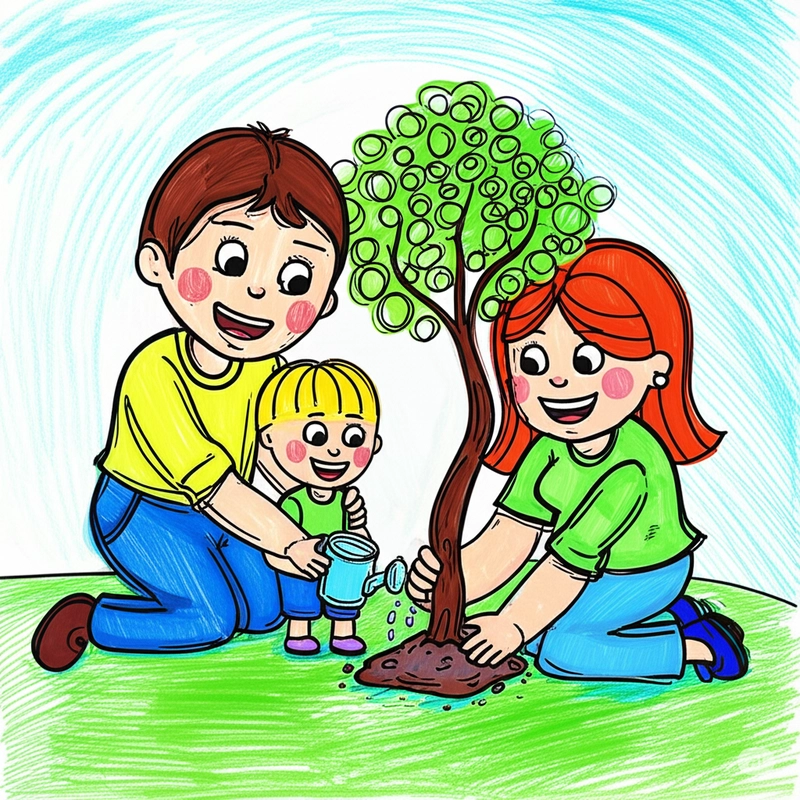 tranh vẽ các bé vui chơi và trồng cây