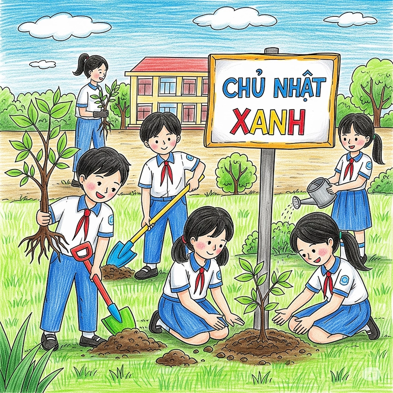 tranh vẽ cây xanh và bàn tay bé nhỏ trồng cây