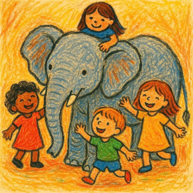 tranh vẽ chú voi cùng mọi người