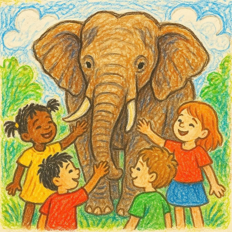 tranh vẽ chú voi hòa mình với trẻ em