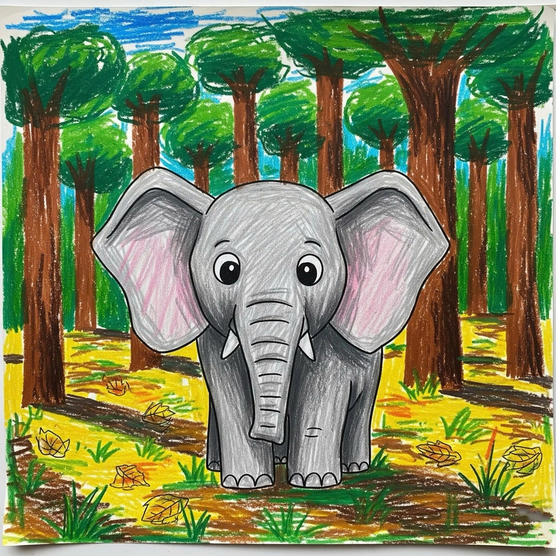 tranh vẽ chú voi trong rừng