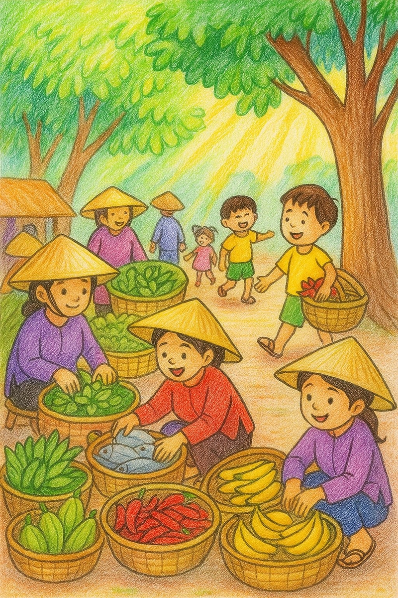 tranh vẽ cuộc sống quanh em làng quê