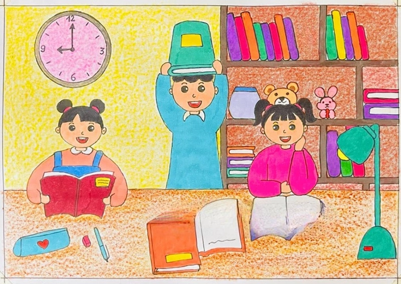 tranh vẽ đọc sách ở thư viện
