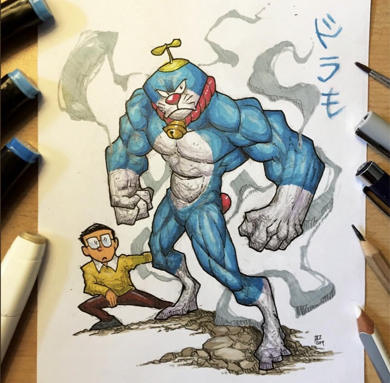 tranh vẽ doremon cơ bắp cuồn cuộn