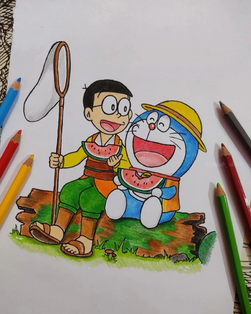 tranh vẽ doremon và nobita cùng ăn