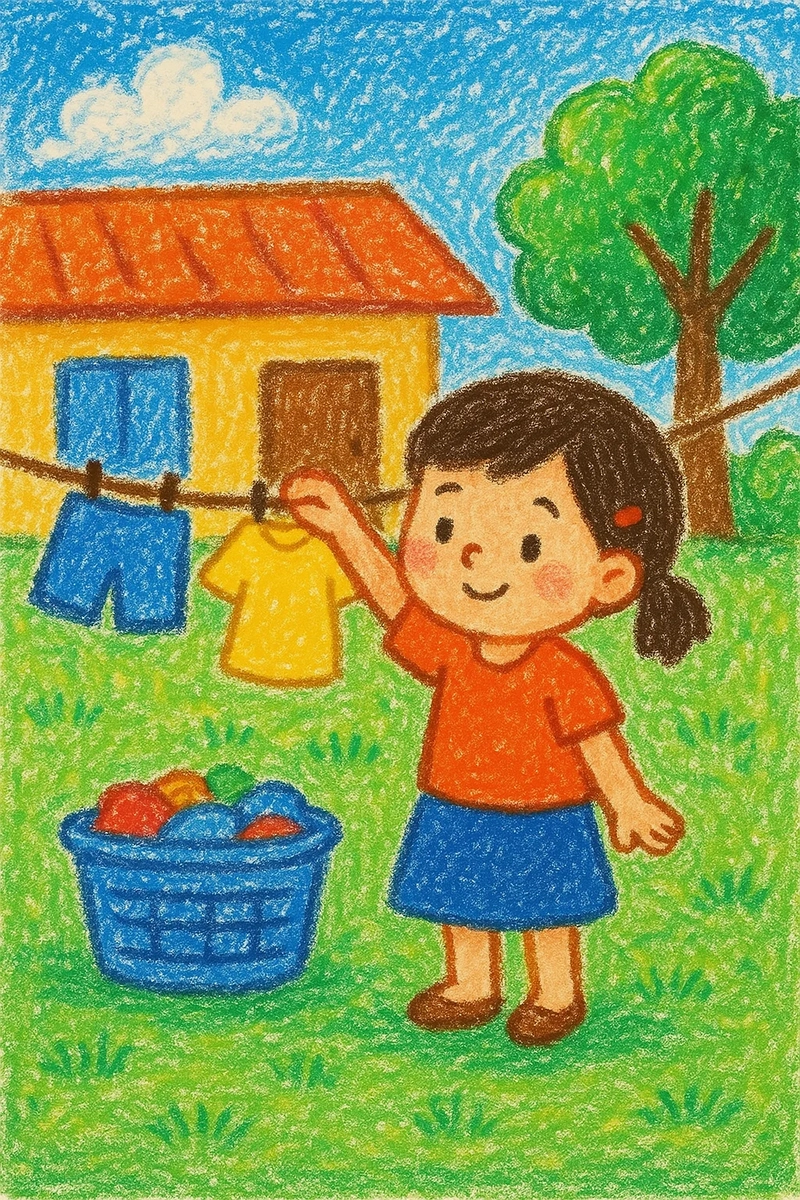 tranh vẽ em bé phơi quần áo