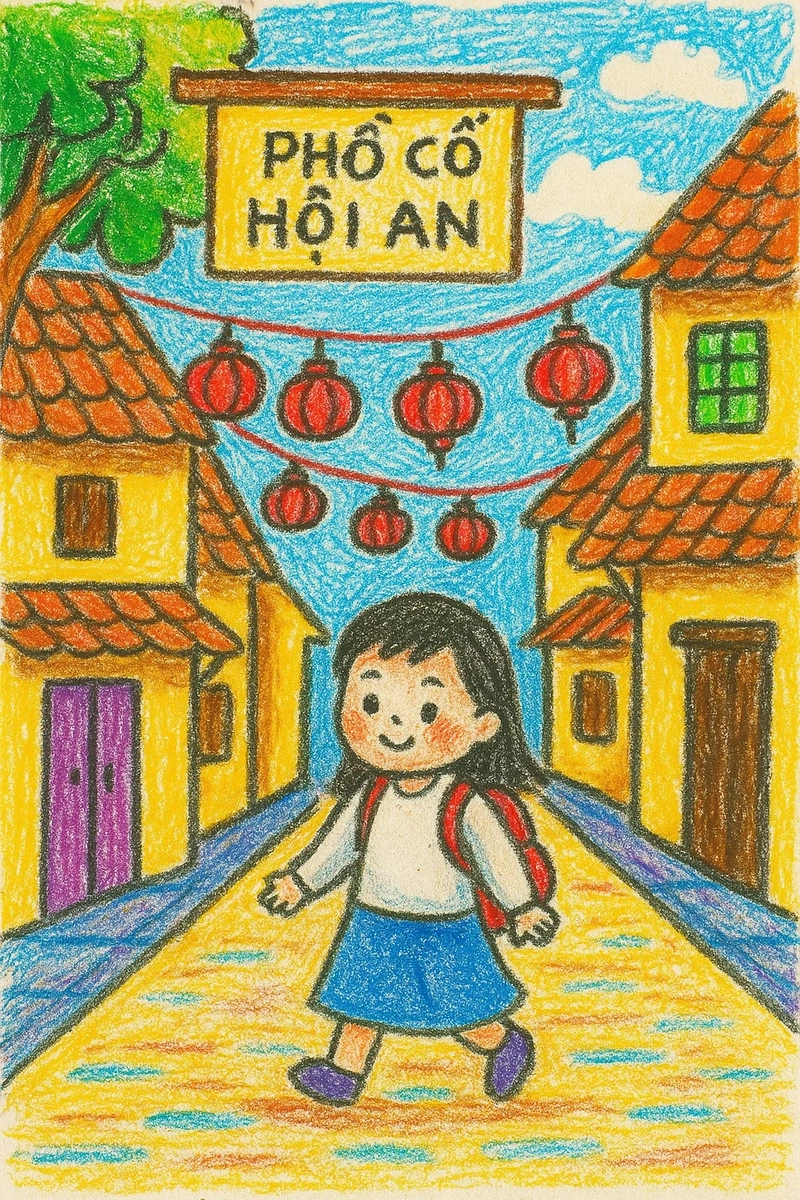 tranh vẽ em đi chơi Phố cổ Hội An đẹp