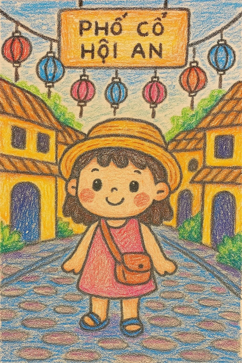tranh vẽ em đi chơi Phố cổ Hội An