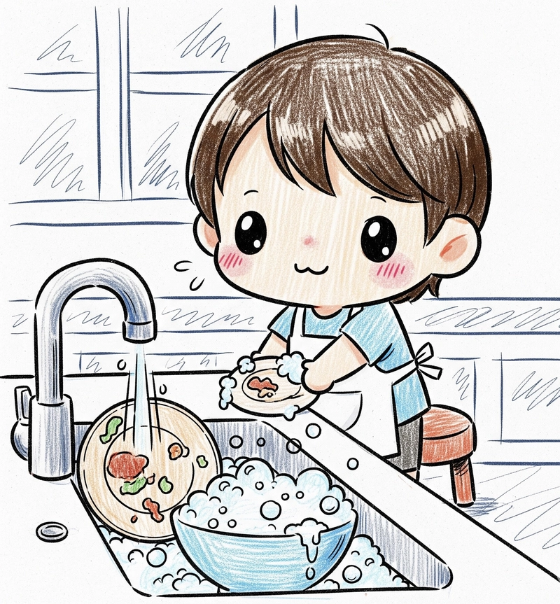 tranh vẽ em phụ giúp mẹ việc nhà