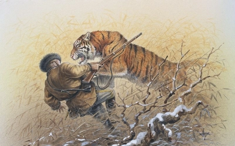 tranh vẽ hổ và thợ săn