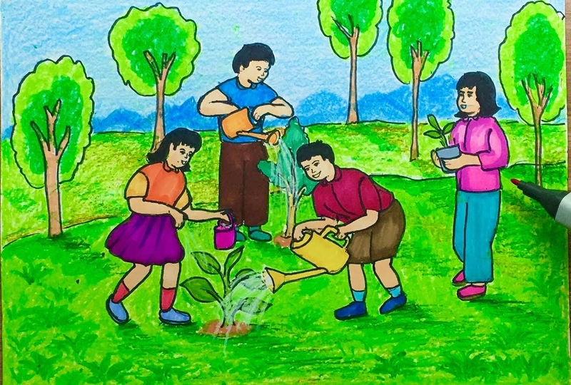 tranh vẽ hoạt động trồng cây ở trường